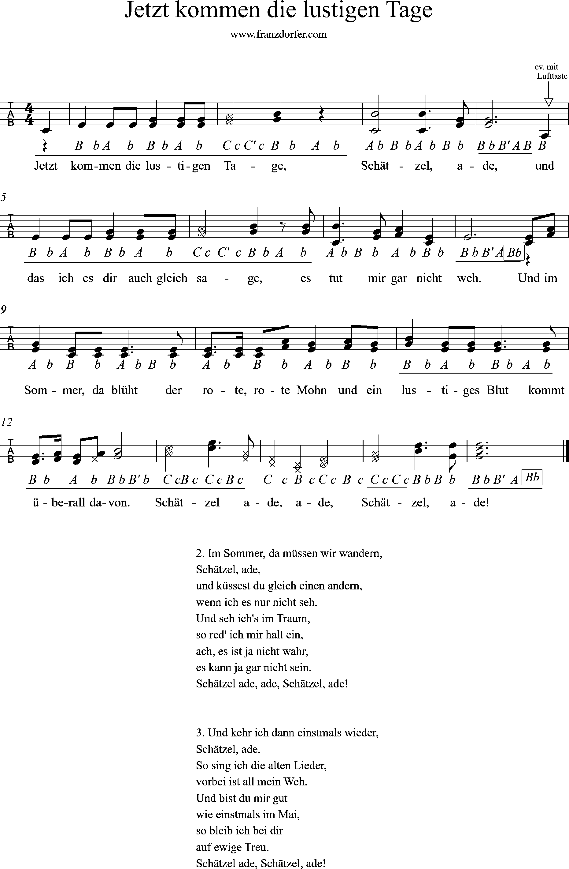 Jetzt kommen die lustigen Tage-griffschrift Ziach noten online, Jetzt kommen die lustigen Tage-griffschrift